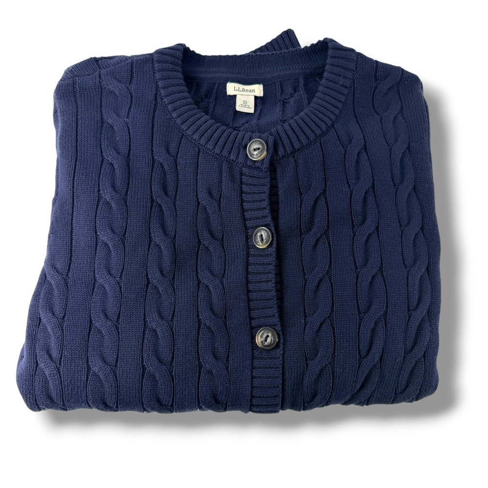 LL Bean Womens XL Navy Blue Cotton Cable Knit Cardigan Sweater Coastal Style